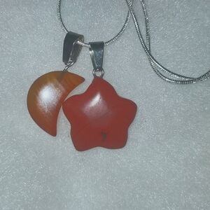 Boho Hippie Red Jasper Moon & Star Sterling Silver 24” Necklace